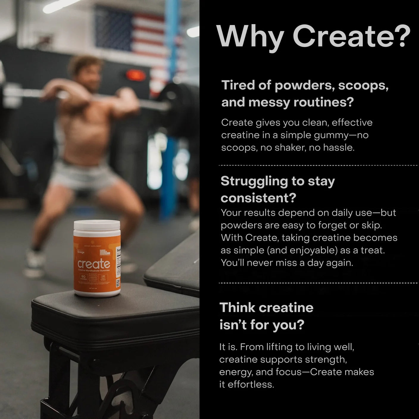 Create Creatine Gummies – 1.5G Creatine Monohydrate per Gummy, Boost Strength & Focus, Orange, 90 Ct