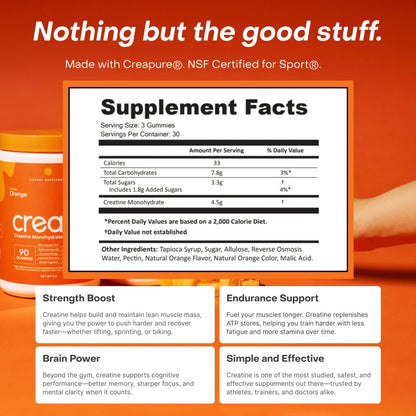 Create Creatine Gummies – 1.5G Creatine Monohydrate per Gummy, Boost Strength & Focus, Orange, 90 Ct