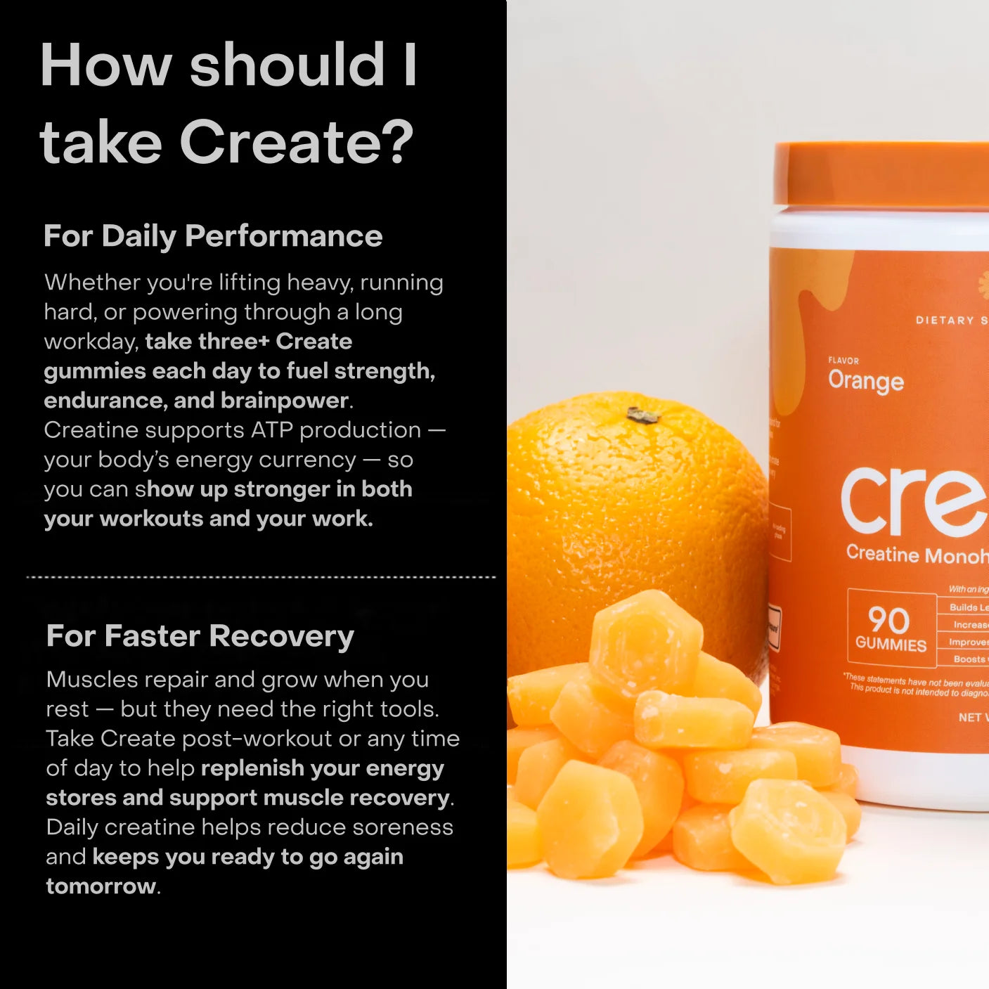 Create Creatine Gummies – 1.5G Creatine Monohydrate per Gummy, Boost Strength & Focus, Orange, 90 Ct